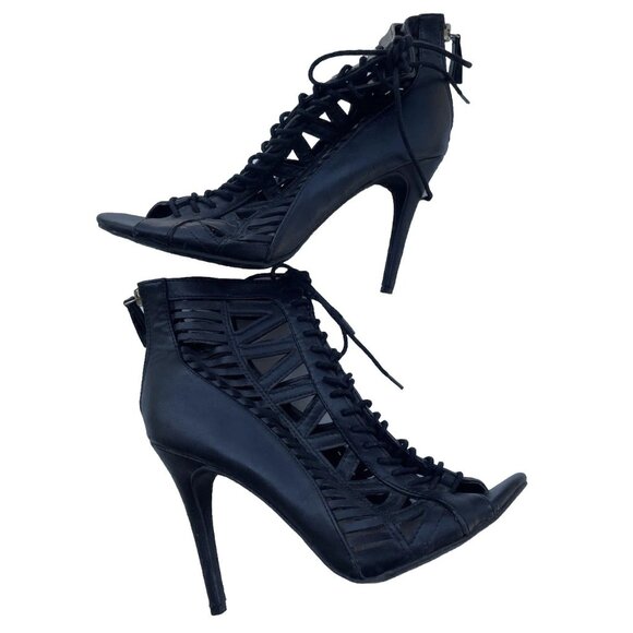 Anne Michelle Bootie Womens 8.5 Black Princess Caged Open Toe Strappy Heels - Picture 1 of 15